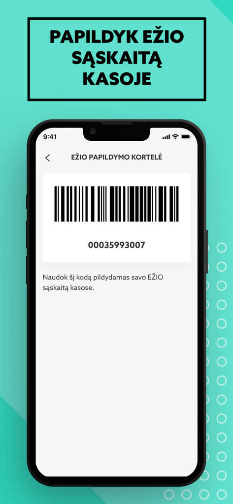 Mano EŽYS - Mano EZYS mobile app screen displaying a digital barcode to top up a prepaid account balance at a retail store cash register.