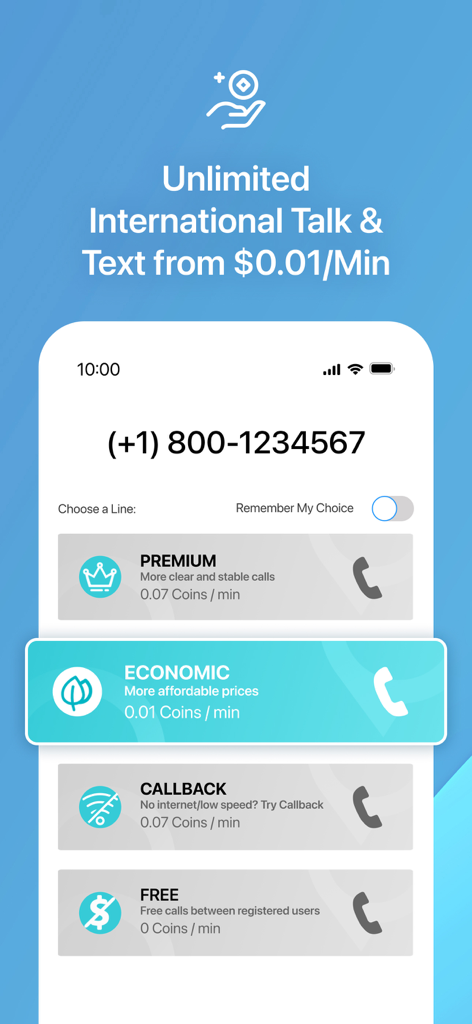 Interfaz de la aplicación PingMe que muestra diferentes opciones de llamadas internacionales, incluyendo líneas Premium, Económicas y Gratuitas.