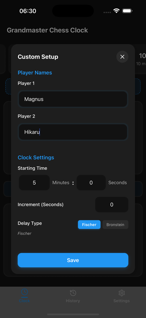 Grandmaster Chess Clock - Custom game setup interface for Grandmaster Chess Clock app including player names and tournament time controls.
