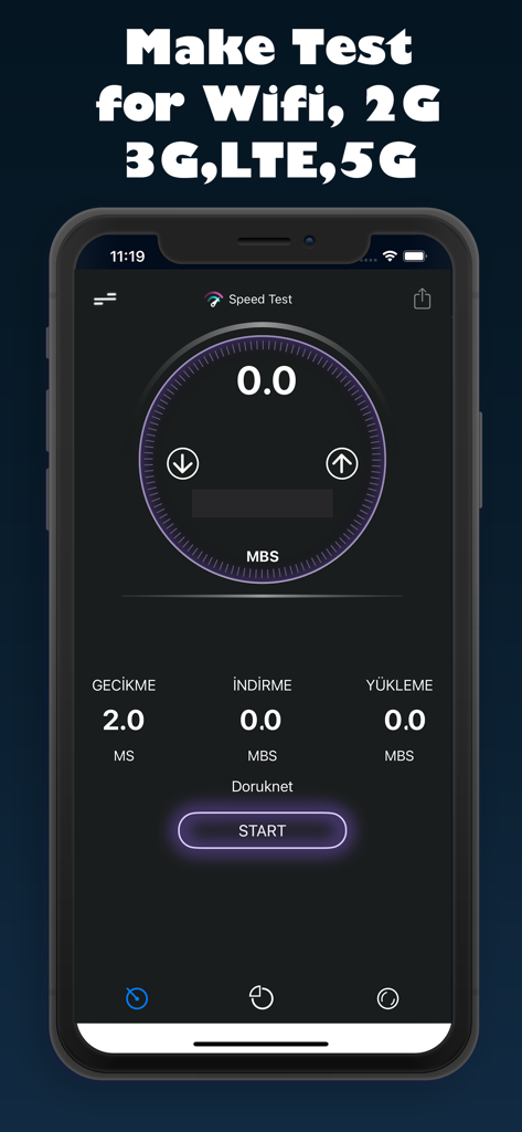 Interfaz de la aplicación Velocidad de Internet que muestra métricas de descarga, carga y ping en un dispositivo móvil.