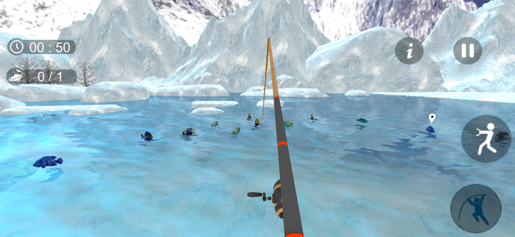 Fishing Simulator clash games - A first-person perspective of ice fishing in a blocky world with snowy mountains and swimming fish
