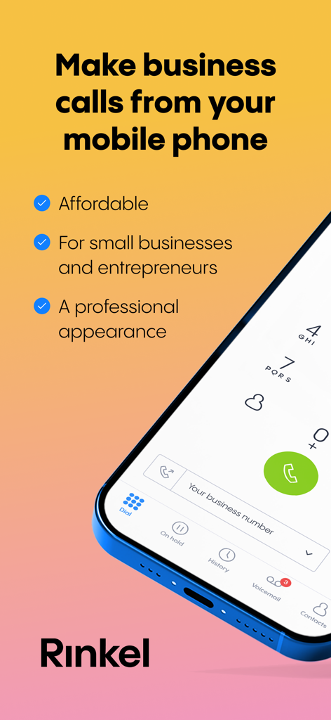 Rinkel - Rinkel app interface for making professional business calls on a mobile phone.