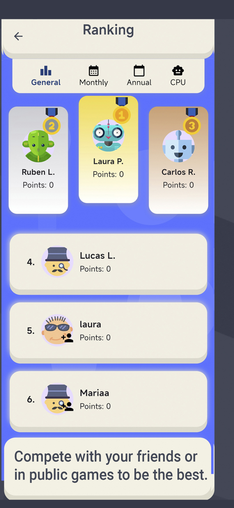 Whisper Game: Thelephone - Ranking leaderboard screen for Whisper Game Thelephone featuring top players and score categories