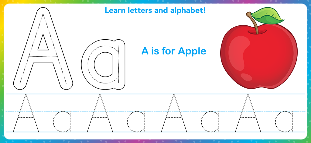 Toddler Coloring Book for Kids - Atividade de traçado de letras A para crianças com uma ilustração de maçã vermelha