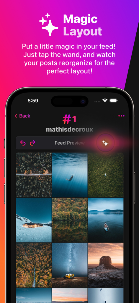 Magic Layout feature in the Toolbox for Instagram app showing an automated feed preview on an iPhone