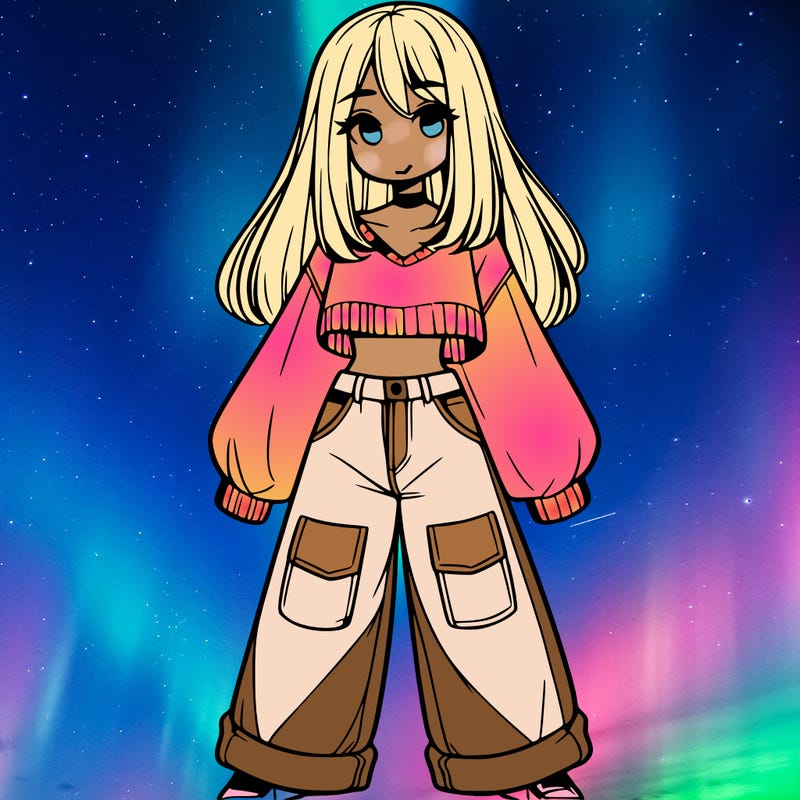 cute girl with straight hair in baggy jeans and a crop top and a sweater