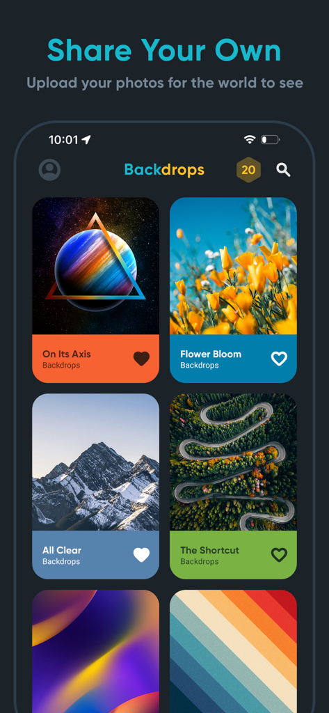 Backdrops - Wallpapers - Une interface mobile de l'application Backdrops montrant une grille de fonds d'écran diversifiés de haute qualité, y compris l'espace, des fleurs et des paysages.