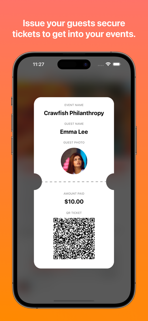Flare - For Groups - Digital event ticket on Flare app featuring a guest photo and a QR code for secure entry