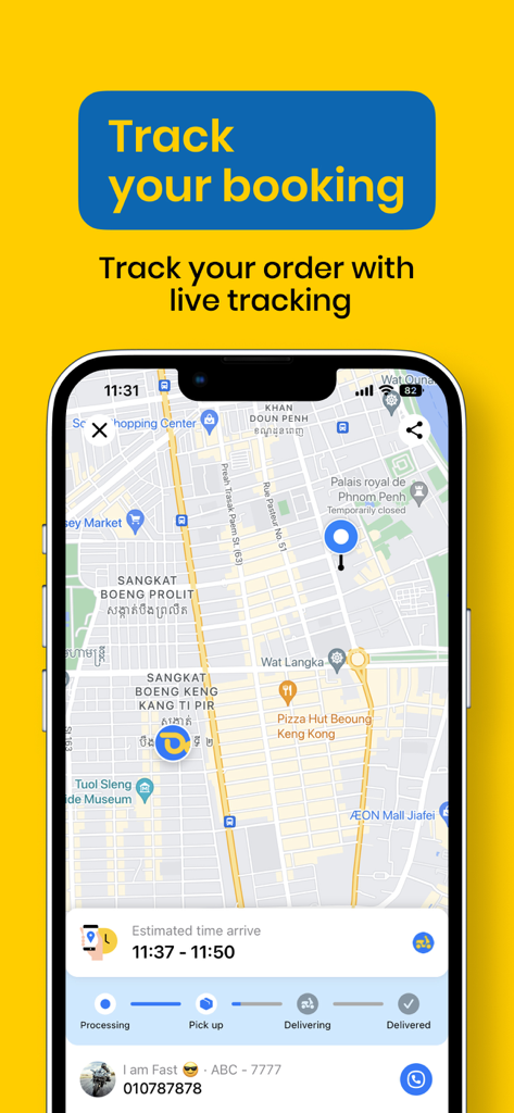 D2D One - D2D Oneアプリのライブ配送追跡画面で、地図上の宅配員の現在地と到着予定時刻が表示されています