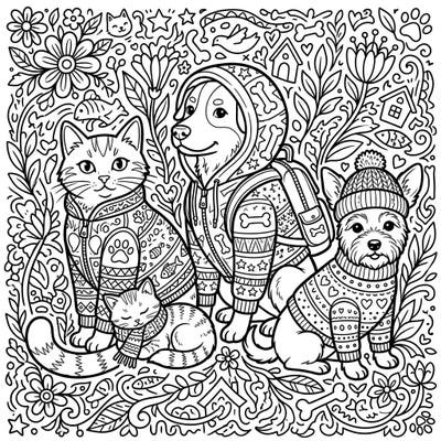 Dive into a world of fashion-forward pets with this captivating coloring page designed especially for teens. Featuring an adorable ensemble of cats and dogs sporting trendy sweaters and hoodies amidst an intricate, nature-inspired backdrop.