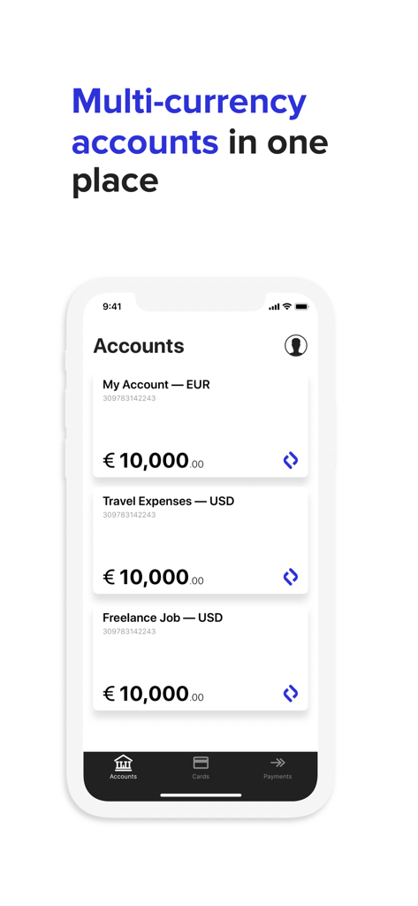 Zento - Interfaz de la app móvil Zento que muestra una lista de cuentas en varias divisas para gastos empresariales y de viaje