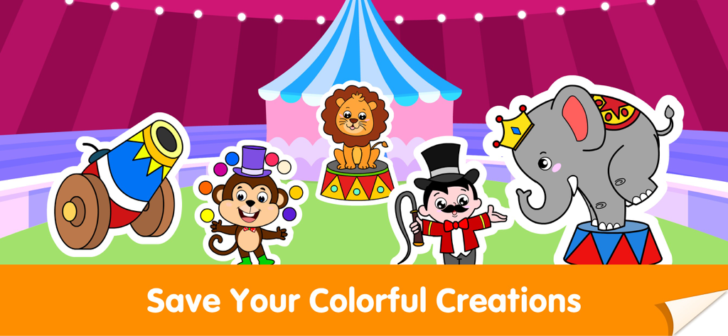 Una scena di adesivi a tema circo per bambini con una scimmia, un leone e un elefante, con il testo Salva le Tue Creazioni Colorate