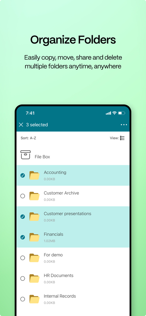 Smartphone-Bildschirm mit der ShareFile-App-Oberfläche zum Organisieren und Auswählen mehrerer Geschäftsordner