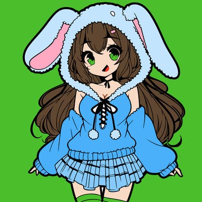 pretty anime girl wearing a fluffy hoodie with bunny ears on the hood and a skirt