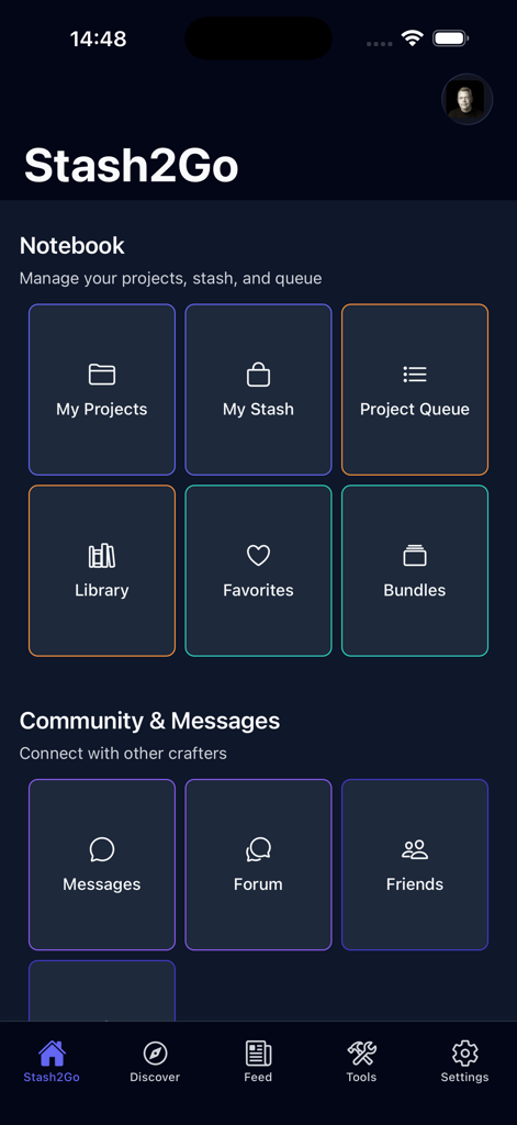 Stash2Go II - Stash2Go IIアプリのダッシュボード。編み手向けのプロジェクトと stash 管理ツールを表示。
