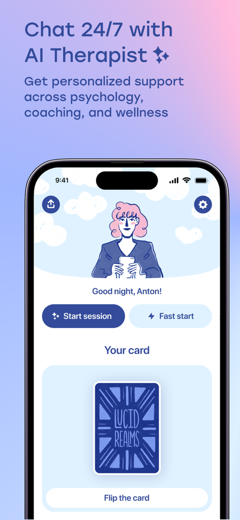 Interfaz de la aplicación OhSofia AI Therapy que muestra un personaje de chat y una función de carta metafórica