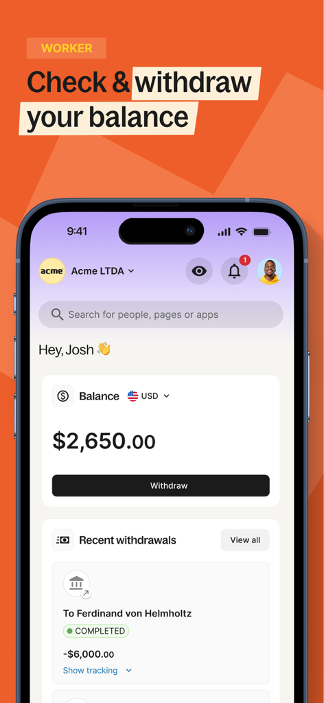 Deel: Global Payroll & HR - Deel mobile app dashboard showing worker balance and withdrawal option