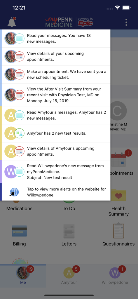 The notification center in the myPennMedicine app showing messages and appointment alerts for multiple managed profiles