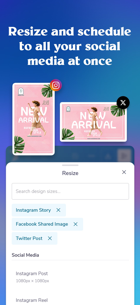 Interfaz de PosterMyWall mostrando cómo redimensionar automáticamente un diseño para Instagram, Facebook y Twitter.