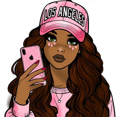 realistic beautiful girl wearing los ángeles cap holding an iphone