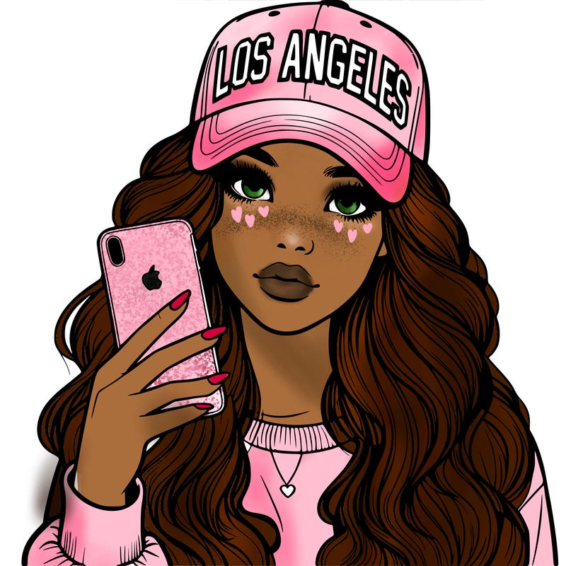 realistic beautiful girl wearing los ángeles cap holding an iphone