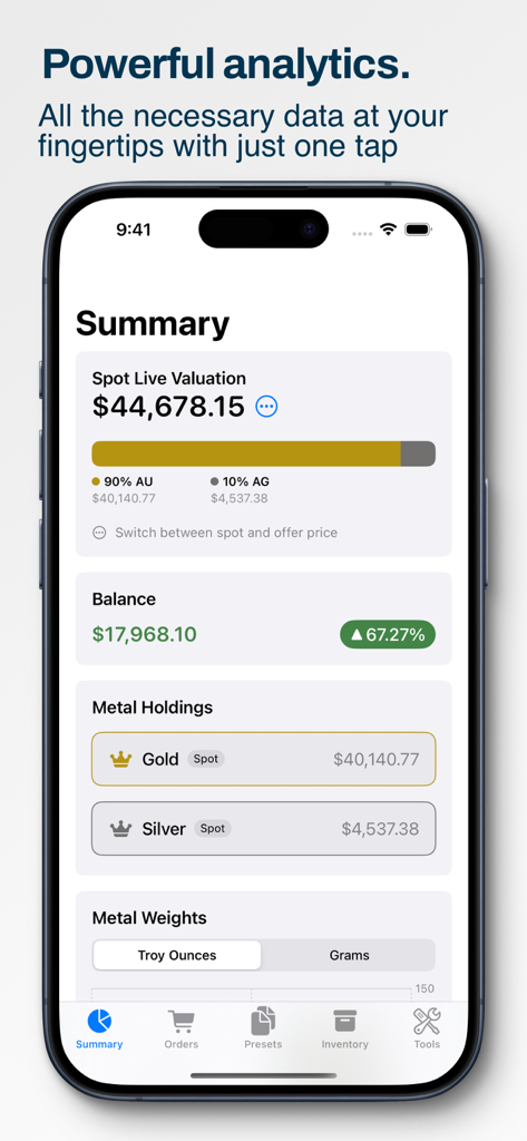 Precious Metals Manager - Summary screen of the Precious Metals Manager app showing live portfolio valuation for gold and silver holdings