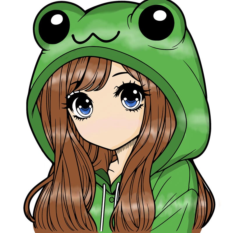 a pretty girl wearing a frog hoodie portrait with long hair