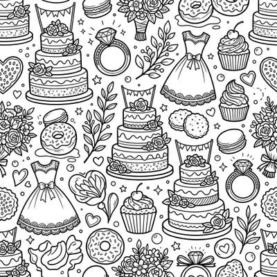 Dive into a delicious and romantic coloring adventure with this seamless pattern filled with wedding-themed sweets and elegant motifs. Featuring tiered cakes, sparkling rings, beautiful dresses, and yummy treats, this page offers endless creative possibilities.