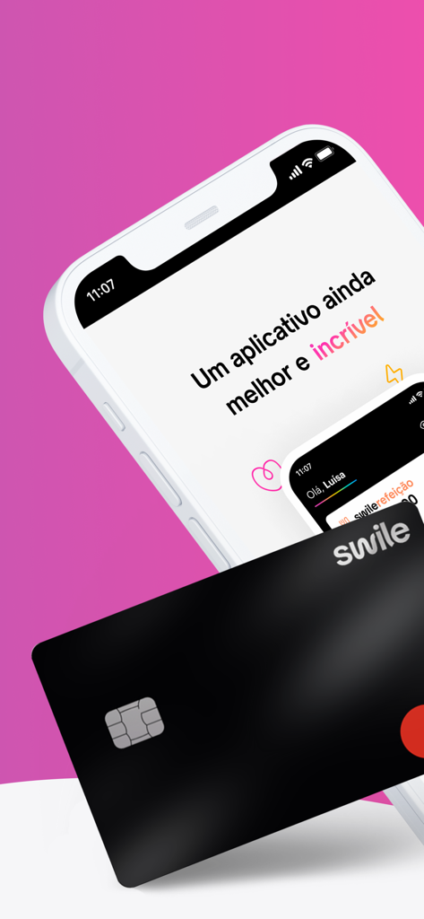 Ein weißes Smartphone, das die Benutzeroberfläche der Swile-App zeigt, neben einer eleganten schwarzen physischen Smartcard für Mitarbeiter-Benefits