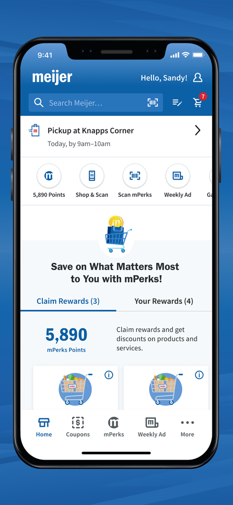 Meijer app home screen dashboard displaying mPerks rewards points and pickup options.