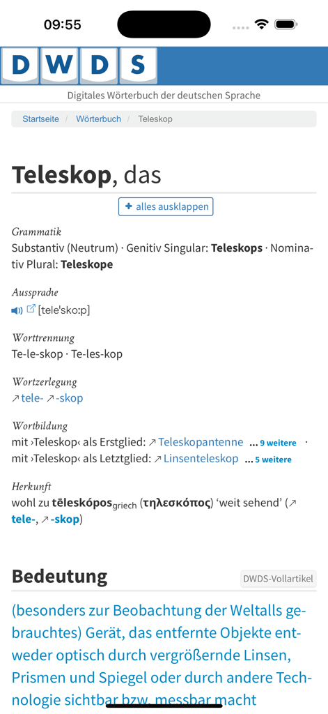 DWDS - A dictionary entry for the word Teleskop in the DWDS German language app showing grammar etymology and meaning.