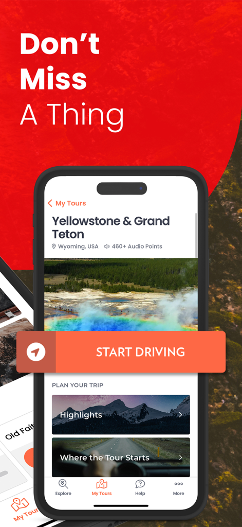 GuideAlong App-Oberfläche für die GPS-Audiotour Yellowstone und Grand Teton mit einer Schaltfläche „Fahrt starten“ und Reiseplanungsabschnitten