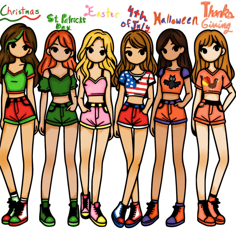 a group of girls wearing crop tops and shorts