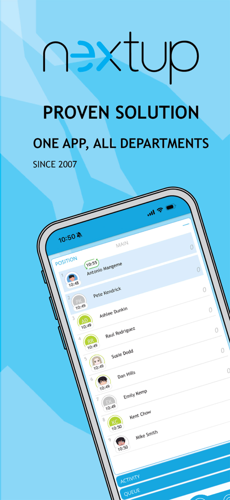 nextup mobile - Nextup Mobile App-Oberfläche auf einem Smartphone, die die Verkaufsrotationswarteschlange für Mitarbeiter des Autohauses zeigt