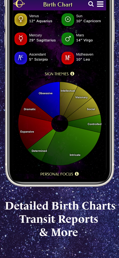 Astromatrix app interface displaying a detailed birth chart with planetary positions and a sign themes wheel chart.
