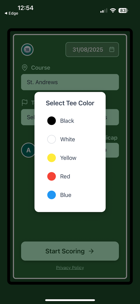 Shots2Points app interface showing a menu to select golf tee colors like black white yellow red and blue