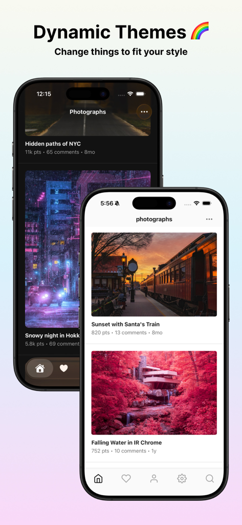 Artemis for Reddit - Artemis for Reddit app interface featuring light and dark dynamic themes on iPhone screens