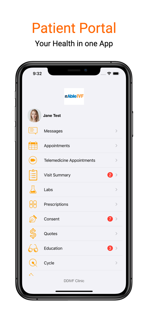 nAble Health patient portal dashboard on a smartphone showing medical service options