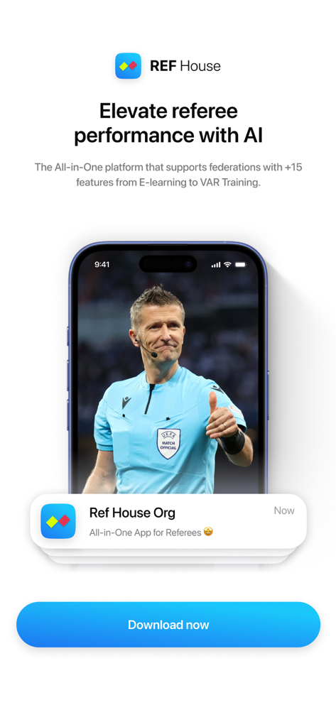 Ref House Org - Referees app - Ref House Org app promotional screen showing an iPhone with a referee image and text about elevating performance with AI