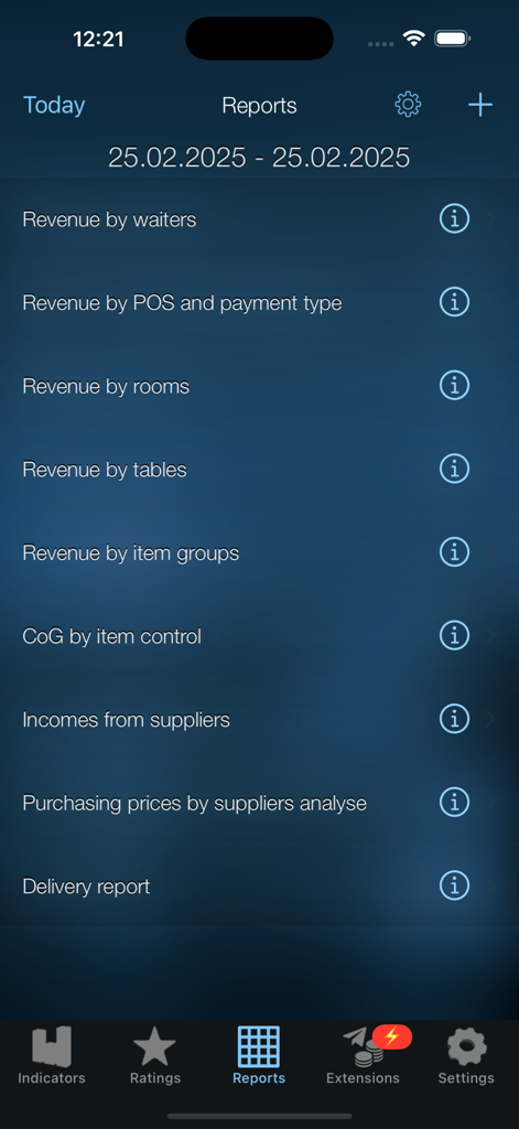 Syrve Dashboard - A list of business reports in the Syrve Dashboard app showing revenue and supplier analytics for restaurant management.