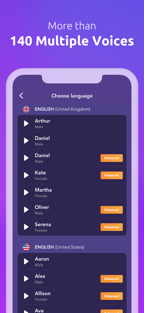 Text To Speech: Natural Voices - Mobile app screen showing a selection of natural sounding voices for text to speech in English UK and US.