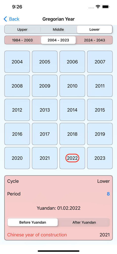 Pantalla de la aplicación FengShui Analytic para seleccionar el año gregoriano y calcular el año chino de construcción, incluyendo datos de periodo y ciclo