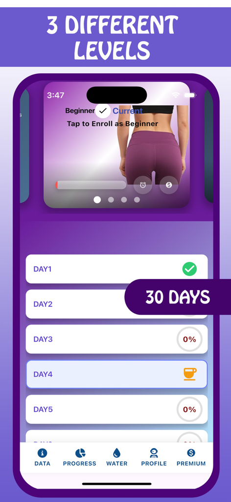 Bigger Buttocks Workout,glutes - Interface de aplicativo móvel exibindo um plano de treino de glúteos de 30 dias com três níveis de dificuldade diferentes para o fitness feminino