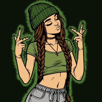 realistic teenage girl with braids and a beanie and crop top doing 🫶🏼