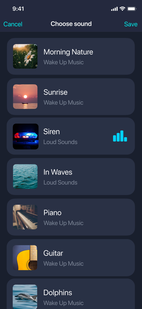 Alarm sound selection screen with various music options like morning nature sunrise and piano.
