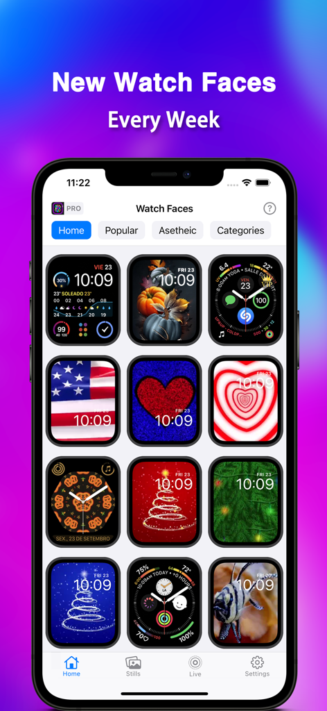 Watch Faces Pro - UltraFace - A smartphone screen showing a variety of colorful Apple Watch face designs in the Watch Faces Pro app interface