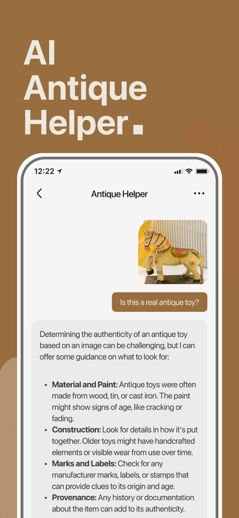 AntiqSnap: Antique ID & Value - AntiqSnap app interface showing an AI assistant analyzing a photo of an antique wooden horse toy to determine authenticity.