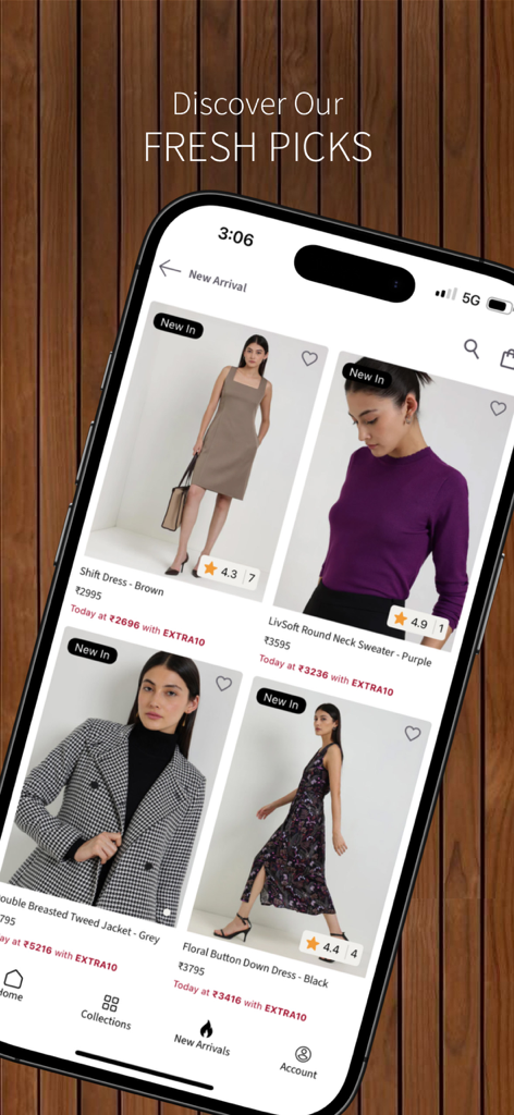 FableStreet-Women Western Wear - FableStreet App-Oberfläche, die Neuankömmlinge für Damen zeigt, einschließlich Kleider und Jacken.