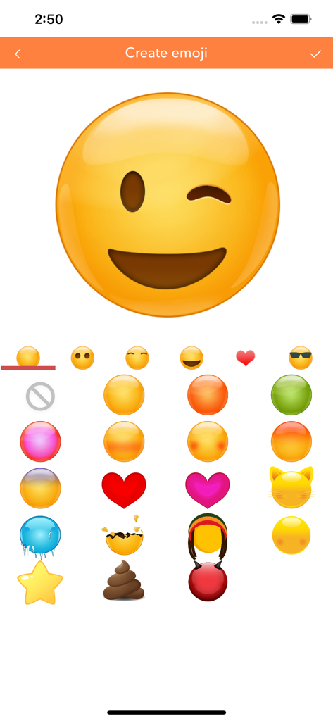 WASticker emoji maker stickers - Interface utilisateur de l'application WASticker emoji maker montrant un emoji clin d'œil personnalisé et divers éléments de design pour la personnalisation