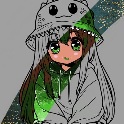 girl with anime shaped eyes with a dinosaur bucket hat oversized sweatshirt long straight hair